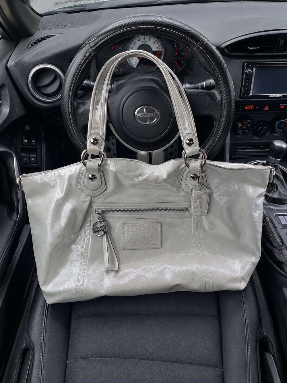2010 poppy Coach Metallic Silver Leather Tote Bag - Coach